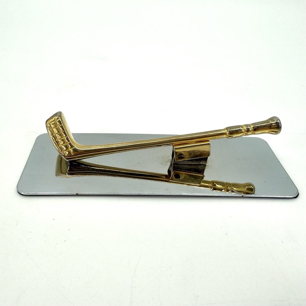 Vtg Golf Club Desk Paper Clip Clamp Brass Gold Toned 6" 70s-80s Office Organizer